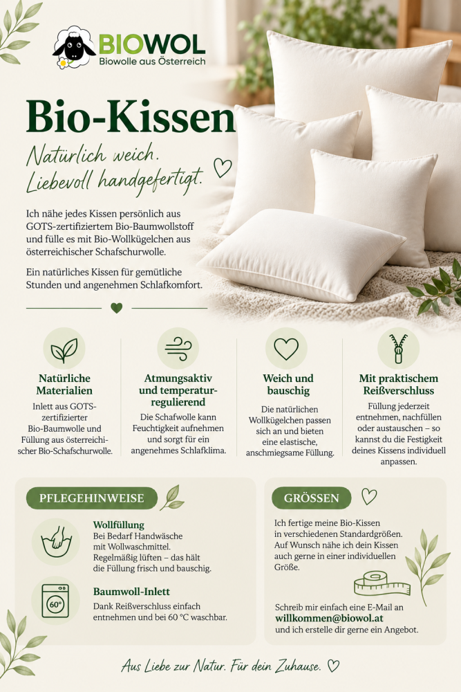 Preview: Bio-Kissen, handgefertigt aus Bio-Baumwolle, gefüllt mit Bio-Wollkügelchen, mit Reißverschluss