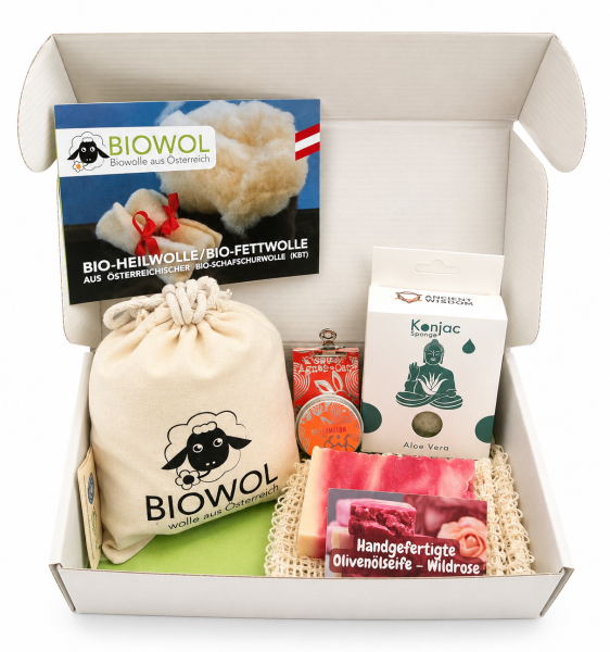 Beauty Geschenkset – natürliche & nachhaltige Pflege mit Bio-Heilwolle, Seife, Lippenpflege & Konjac Schwamm