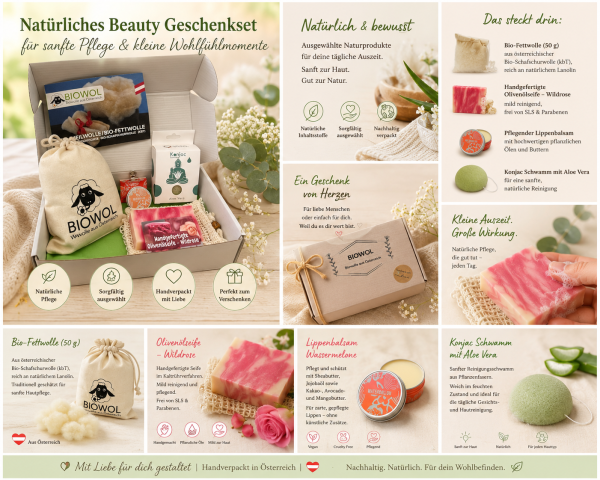 Preview: Beauty Geschenkset – natürliche & nachhaltige Pflege mit Bio-Heilwolle, Seife, Lippenpflege & Konjac Schwamm