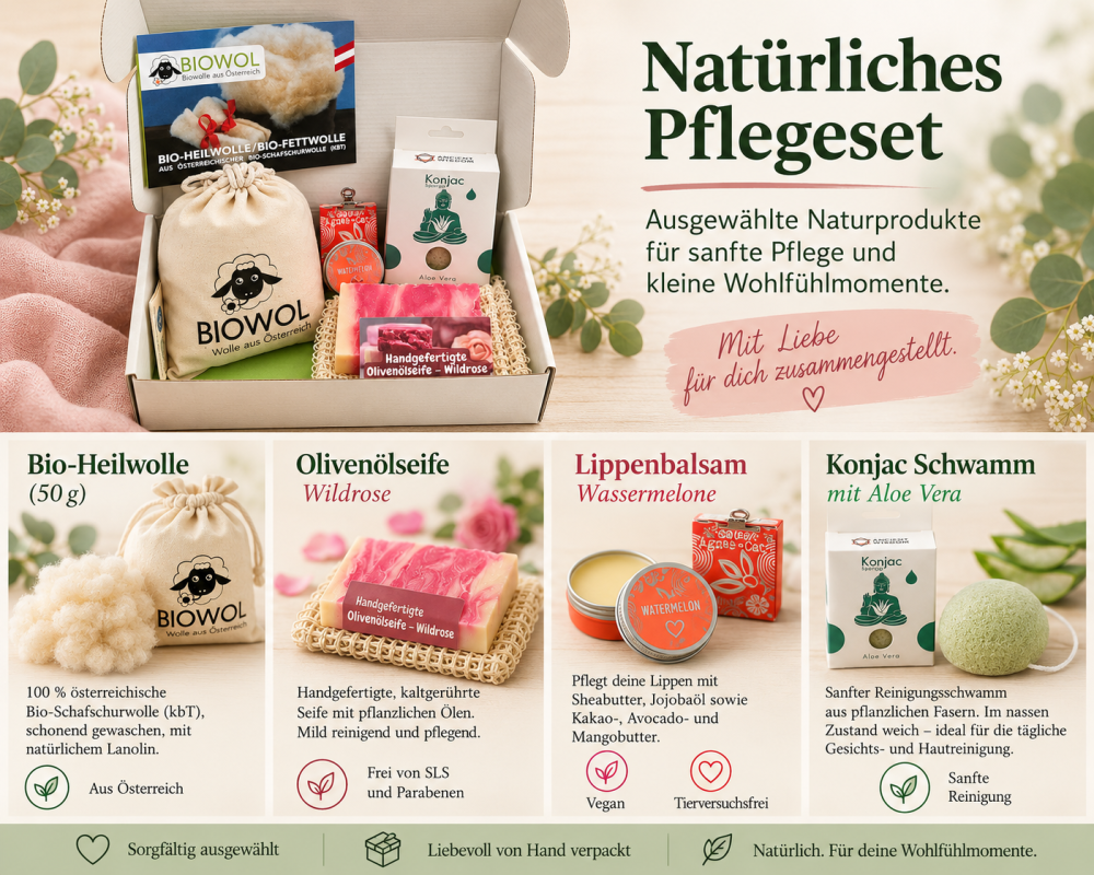 Preview: Beauty Geschenkset – natürliche & nachhaltige Pflege mit Bio-Heilwolle, Seife, Lippenpflege & Konjac Schwamm