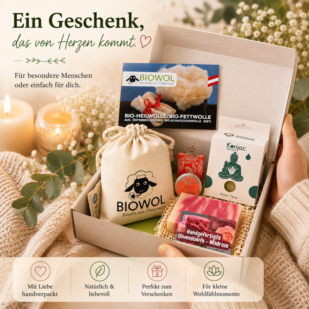 Preview: Beauty Geschenkset – natürliche & nachhaltige Pflege mit Bio-Heilwolle, Seife, Lippenpflege & Konjac Schwamm