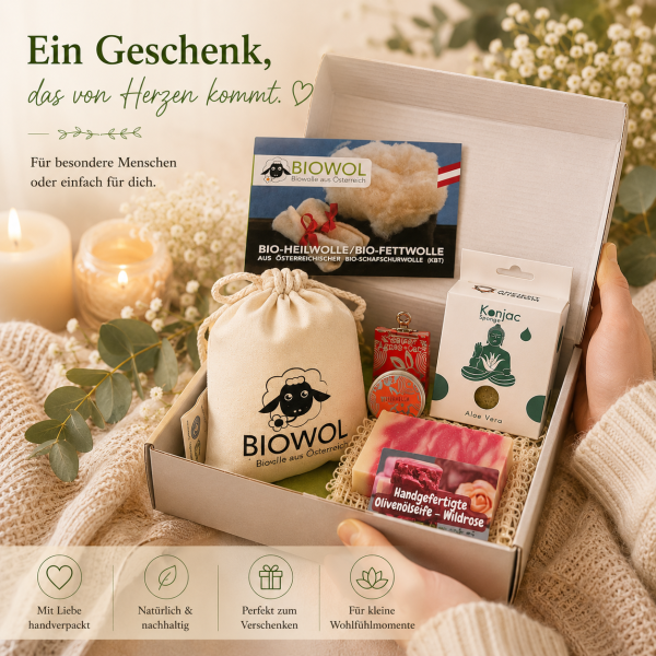 Beauty Geschenkset – natürliche & nachhaltige Pflege mit Bio-Heilwolle, Seife, Lippenpflege & Konjac Schwamm