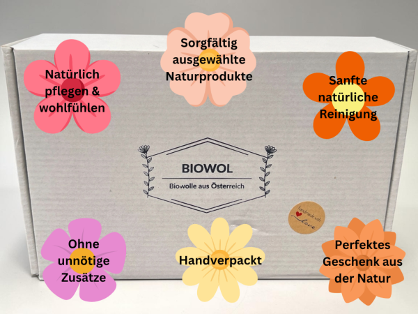 Beauty Geschenkset – natürliche & nachhaltige Pflege mit Bio-Heilwolle, Seife, Lippenpflege & Konjac Schwamm