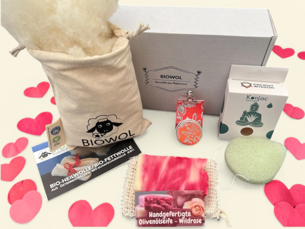 Beauty Geschenkset – natürliche & nachhaltige Pflege mit Bio-Heilwolle, Seife, Lippenpflege & Konjac Schwamm