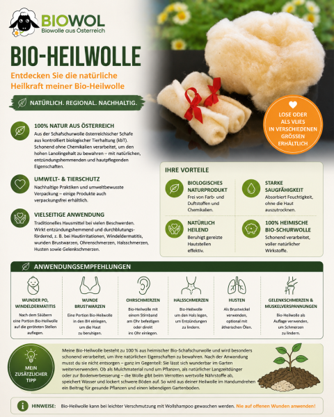 Preview: Bio-Heilwolle im Vlies, kbT (300 g im Baumwol-Beutel, fair hergestellt)
