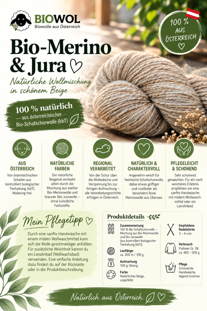 Preview: Bio-Merino mit Bio-Jura aus 100 % österreichischer Bio-Schafschurwolle - beige