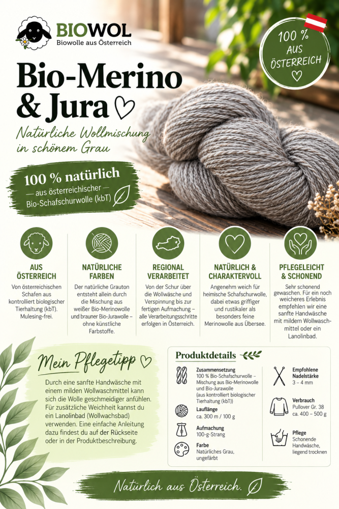 Preview: Bio-Merino mit Bio-Jura aus 100 % österreichischer Bio-Schafschurwolle - naturgrau