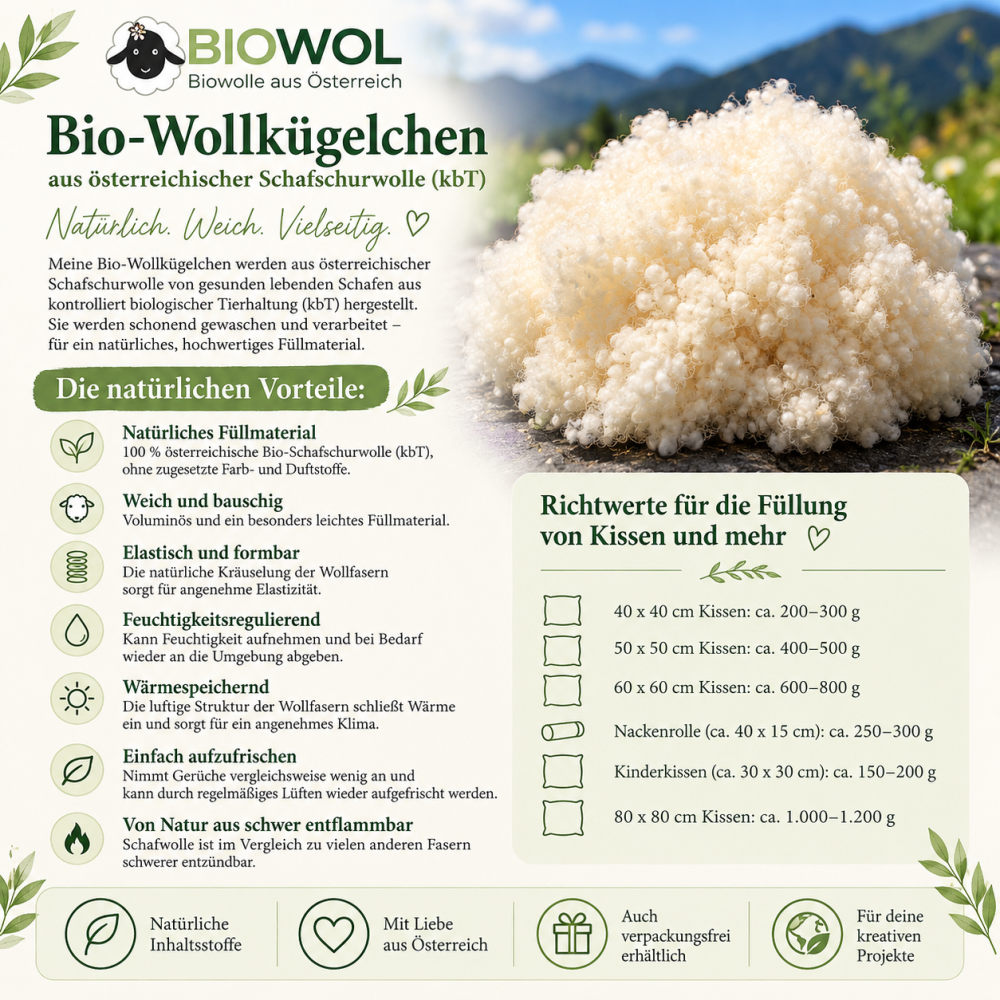 Preview: Bio-Wollkügelchen als Füllmaterial, kbT (300 g in Baumwolltasche)