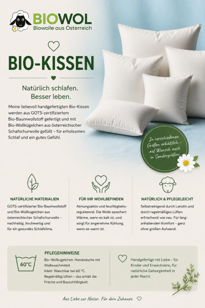 Bio-Kissen, handgefertigt aus Bio-Baumwolle, gefüllt mit Bio-Wollkügelchen, mit Reißverschluss