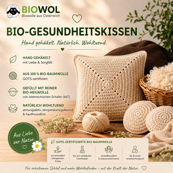 Preview: Bio-Gesundheitskissen, rund, handgefertigt aus Bio-Baumwolle, gefüllt mit Bio-Heilwolle
