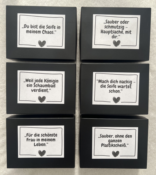 Preview: Geschenkbox Bio-Seife auf Heilwolle – handgemacht, natürlich, zum Schmunzeln