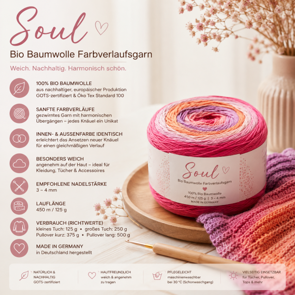 Preview: Soul Bio Baumwolle Farbverlaufsgarn – GOTS-zertifiziert, weich & harmonische Farbverläufe