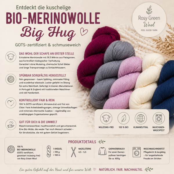 Preview: Bio-Merinowolle Big Hug von Rosy Green Wool, GOTS-zertifiziert