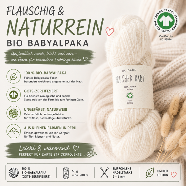 Preview: Bio-Babyalpaka-Wolle, GOTS-zertifiziert, ungefärbt weiß, Limited Edition