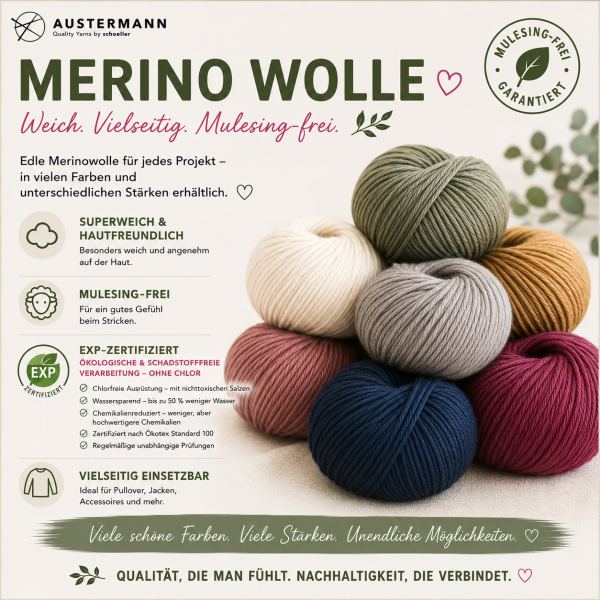 Preview: Merino 50, 100 % Merinowolle, EXP-zertifiziert, mulesing-frei