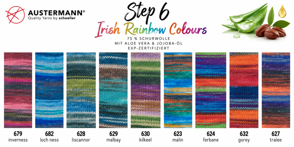 Step 6, Irish Rainbow Colours, 75 % Schurwolle, mit Aloe Vera & Jojoba-Öl, EXP-zertifiziert