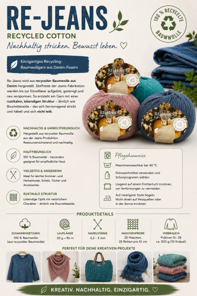 Preview: Re-Jeans, Garn aus 100 % recycelter Baumwolle - 50 g Knäuel