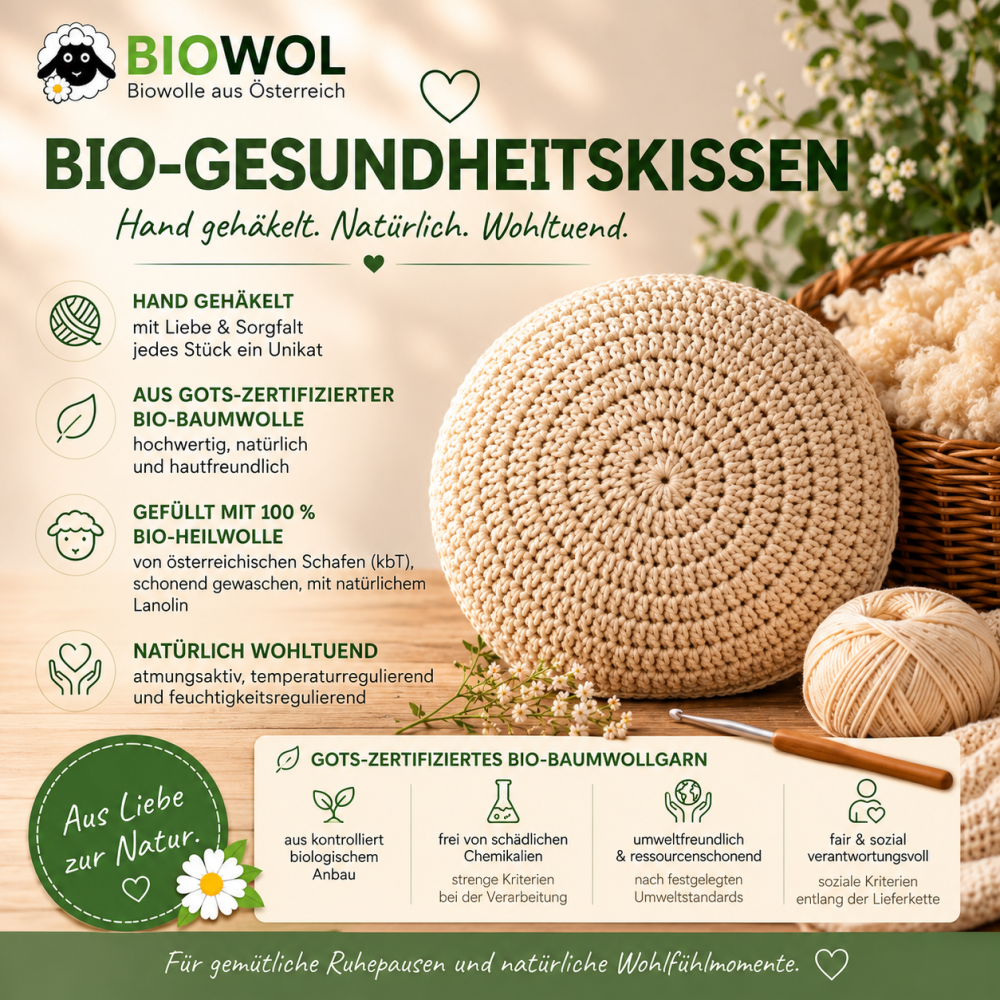 Kleine Trösterchen, Bio-Kissen, handgefertigt aus Bio-Baumwolle, gefüllt mit Bio-Heilwolle