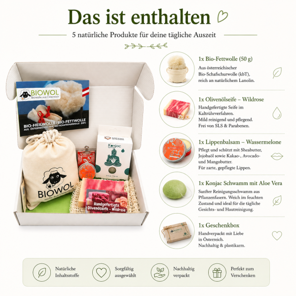 Beauty Geschenkset – natürliche & nachhaltige Pflege mit Bio-Heilwolle, Seife, Lippenpflege & Konjac Schwamm