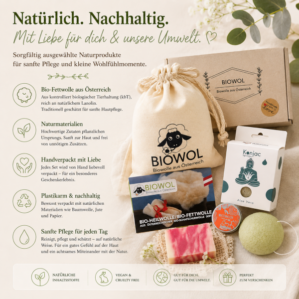 Beauty Geschenkset – natürliche & nachhaltige Pflege mit Bio-Heilwolle, Seife, Lippenpflege & Konjac Schwamm