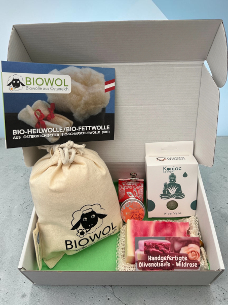 Beauty Geschenkset – natürliche & nachhaltige Pflege mit Bio-Heilwolle, Seife, Lippenpflege & Konjac Schwamm