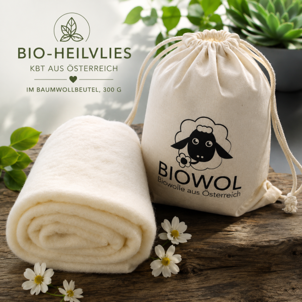 Bio-Heilwolle im Vlies, kbT (300 g im Baumwol-Beutel, fair hergestellt)
