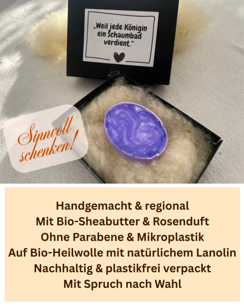 Geschenkbox Bio-Seife auf Heilwolle – handgemacht, natürlich, zum Schmunzeln
