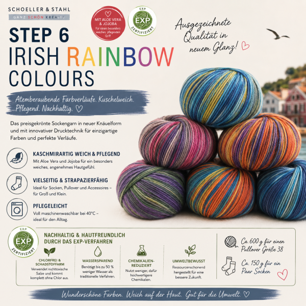 Step 6, Irish Rainbow Colours, 75 % Schurwolle, mit Aloe Vera & Jojoba-Öl, EXP-zertifiziert