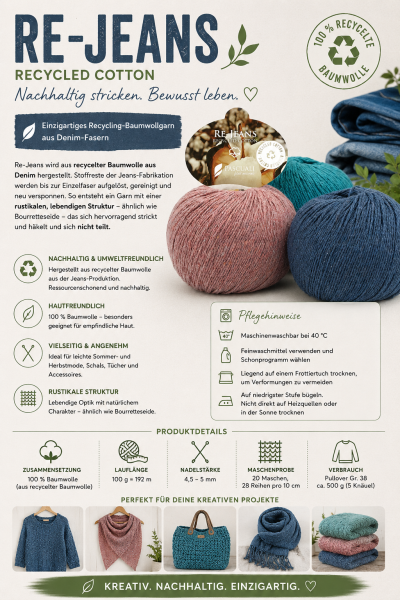 Re-Jeans, Garn aus 100 % recycelter Baumwolle - 100 g Knäuel